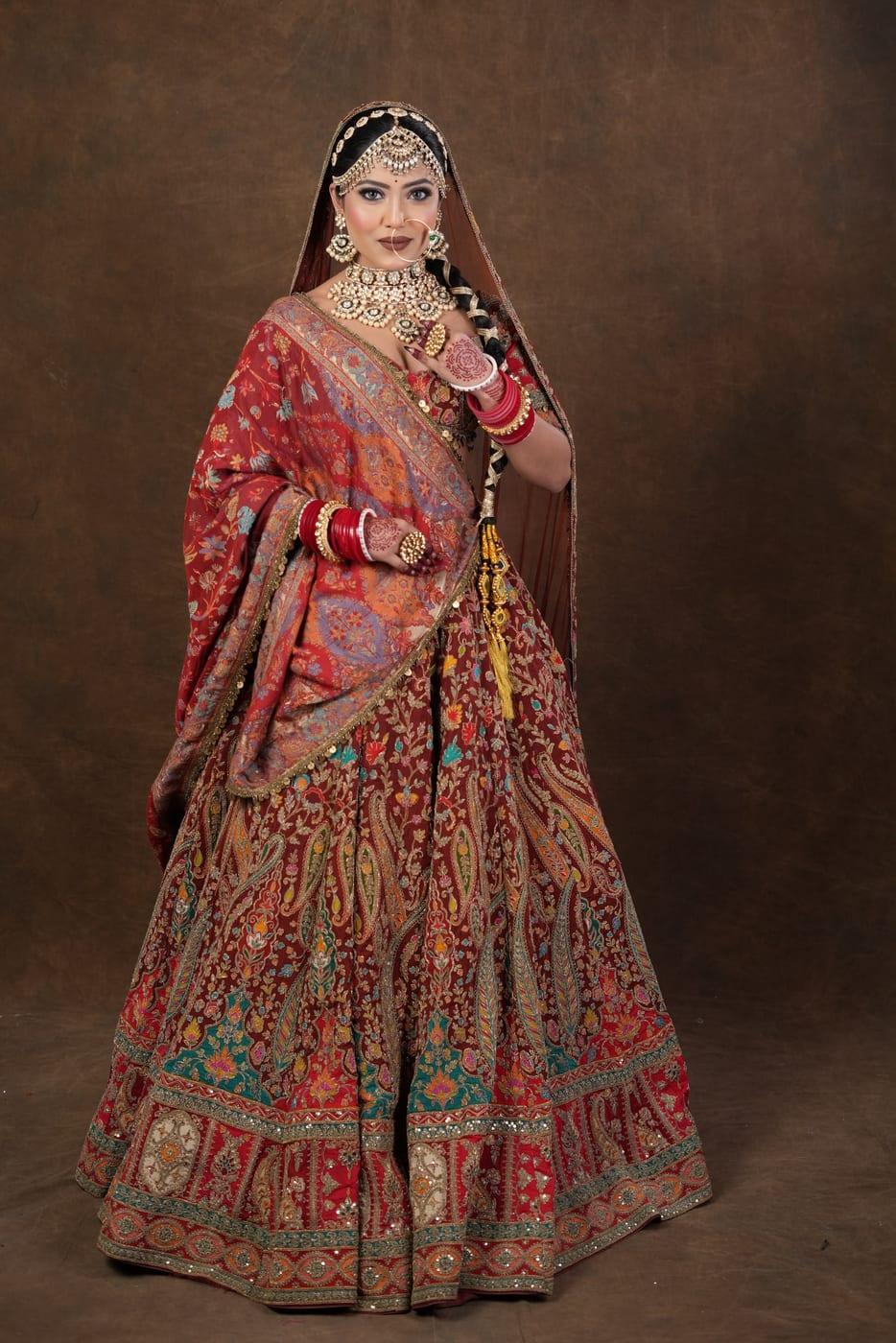 Maroon velvet bridal lehenga, full look
